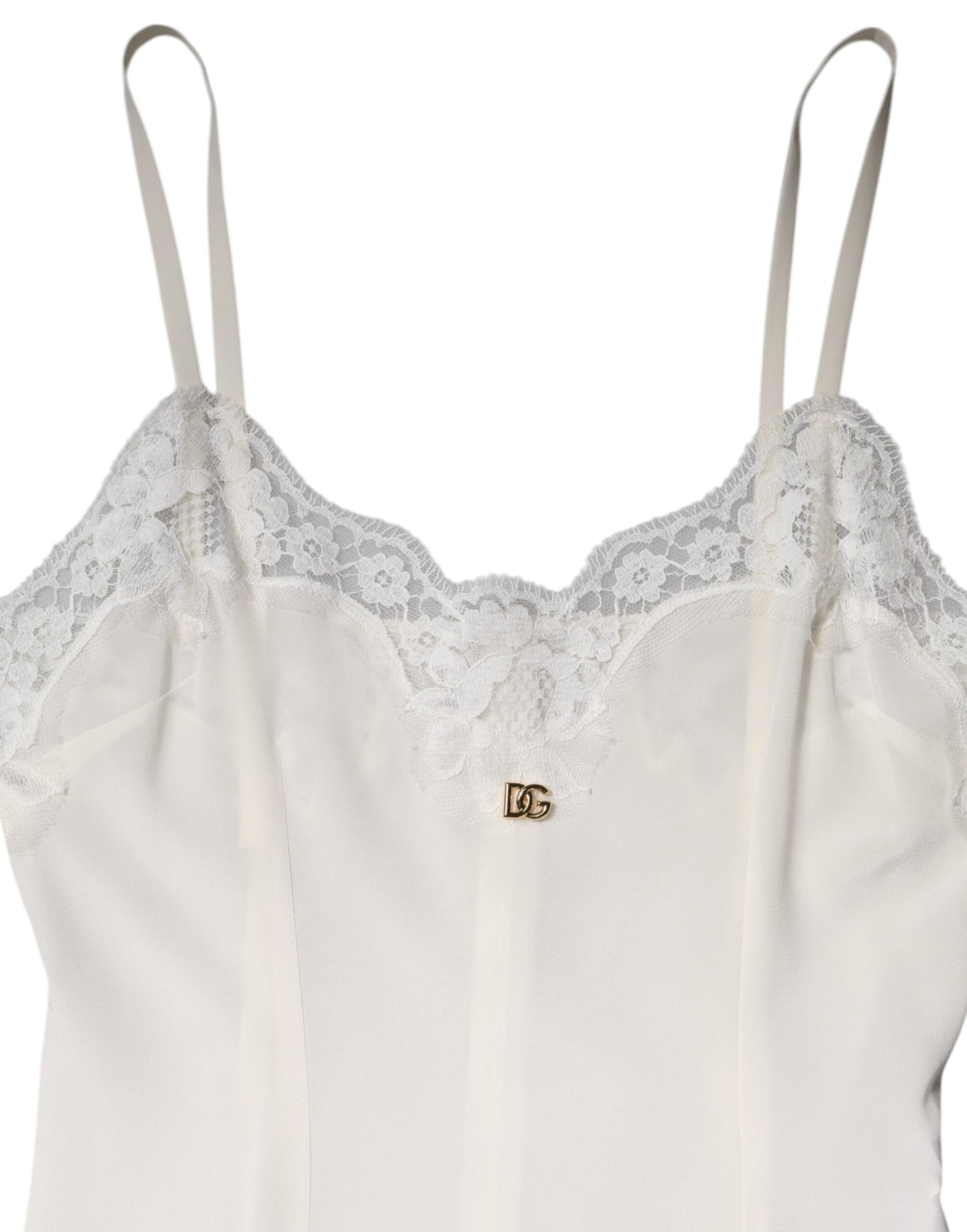 Dolce &amp; Gabbana – Nachtwäsche aus Seide mit weißem Spitzen- und goldenem DG-Logo