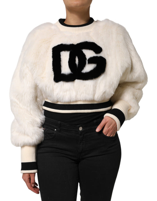 Dolce &amp; Gabbana – Weißes, kurzes Sweatshirt aus Kunstpelz DG