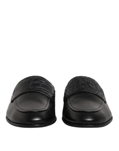 Dolce &amp; Gabbana Black Calfskin Leather Slip On Loafers Shoes