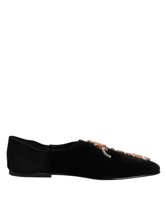 Dolce &amp; Gabbana Black Velvet Embellished Loafer Slip On Shoes