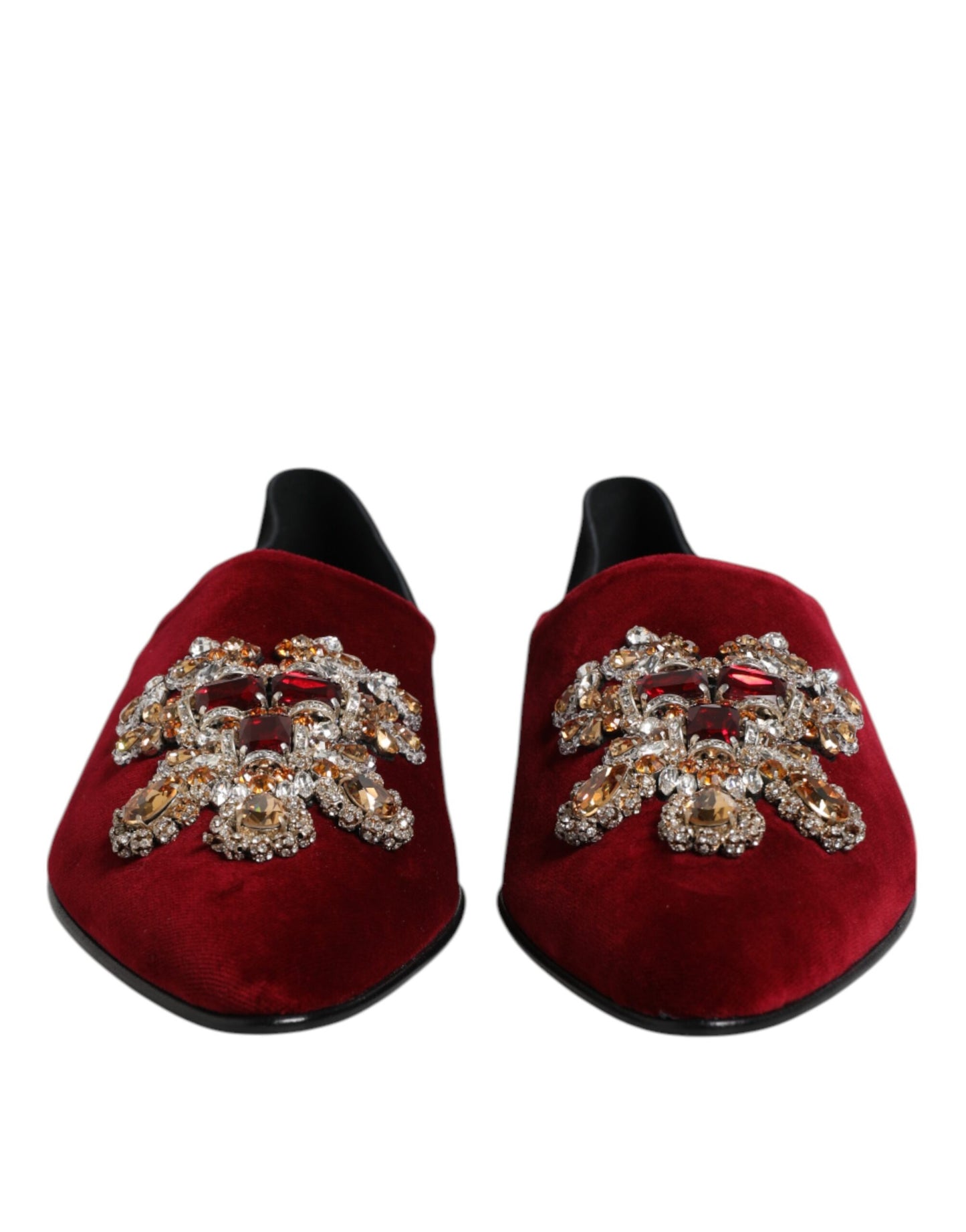 Dolce &amp; Gabbana Black Red Velvet Embellished Slip On Shoes