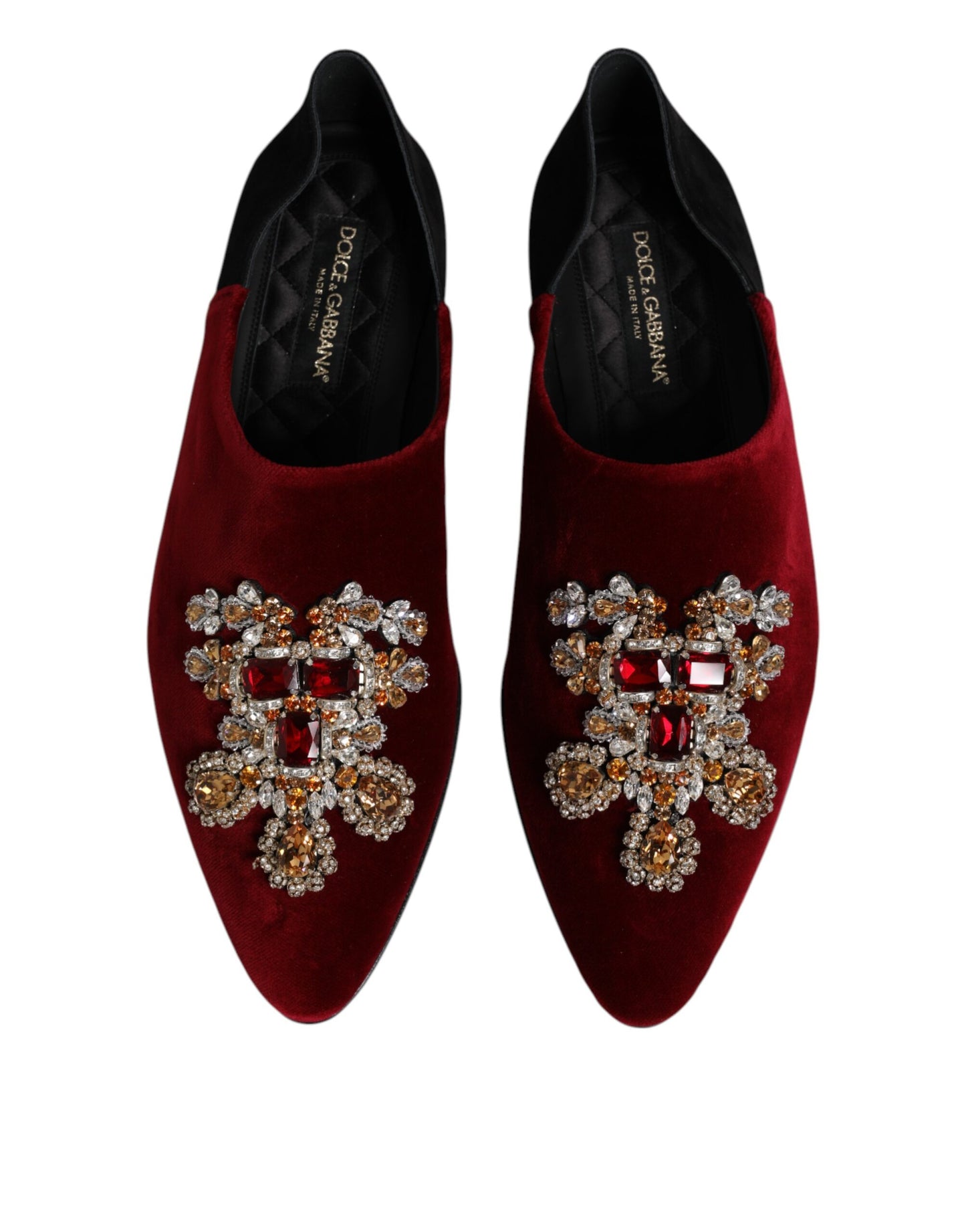 Dolce &amp; Gabbana Black Red Velvet Embellished Slip On Shoes