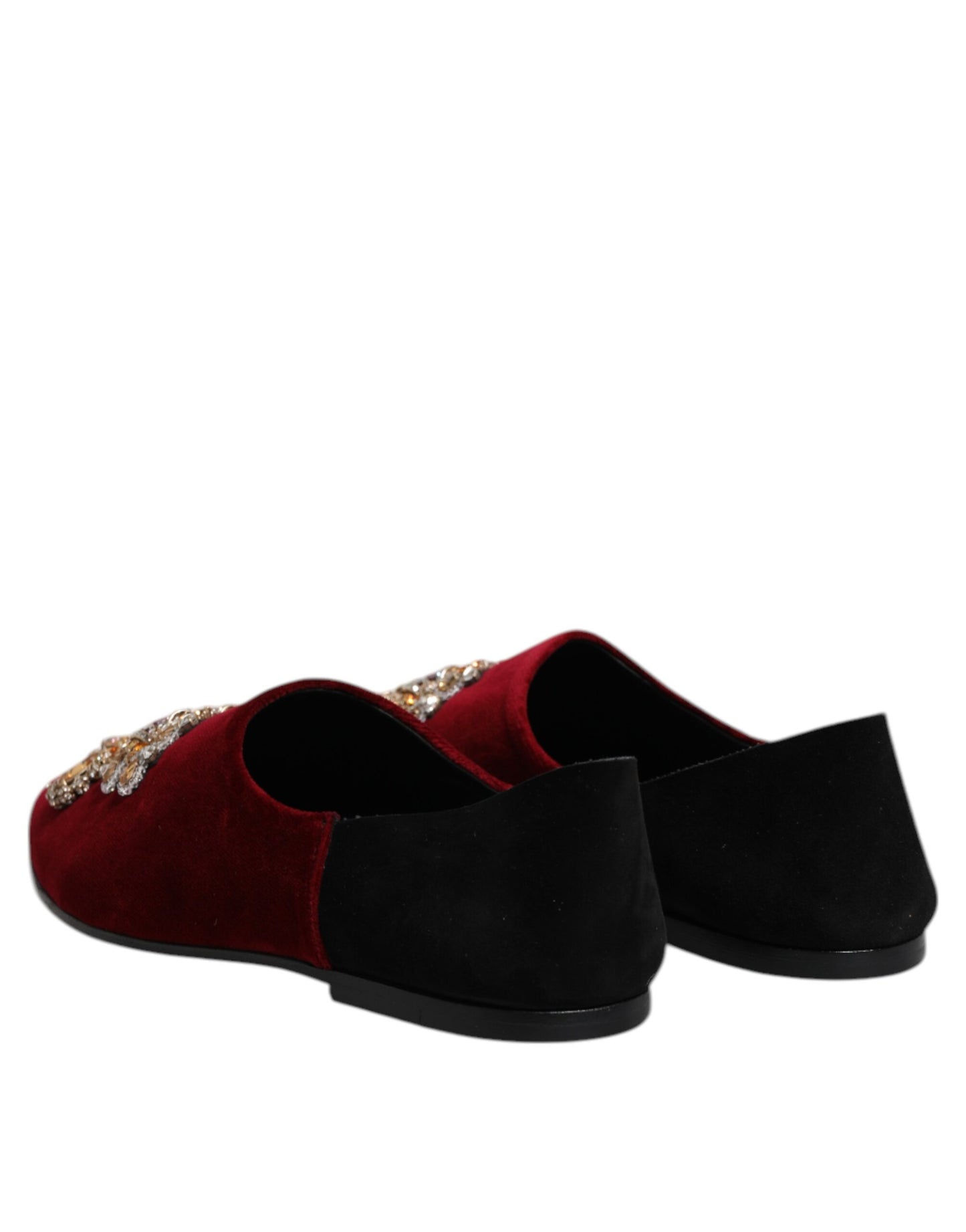 Dolce &amp; Gabbana Black Red Velvet Embellished Slip On Shoes