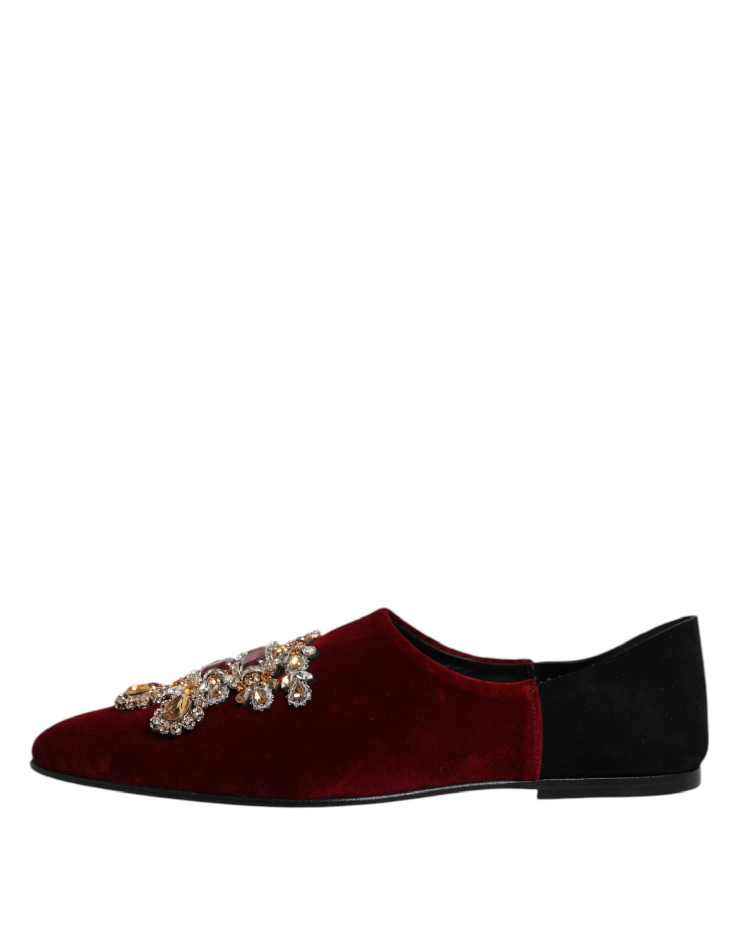 Dolce &amp; Gabbana Black Red Velvet Embellished Slip On Shoes