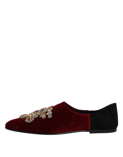 Dolce &amp; Gabbana Black Red Velvet Embellished Slip On Shoes