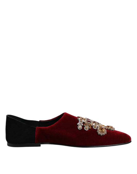 Dolce &amp; Gabbana Black Red Velvet Embellished Slip On Shoes