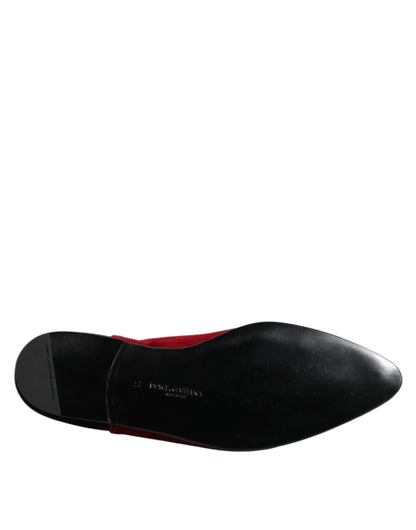 Dolce &amp; Gabbana Black Red Velvet Embellished Slip On Shoes