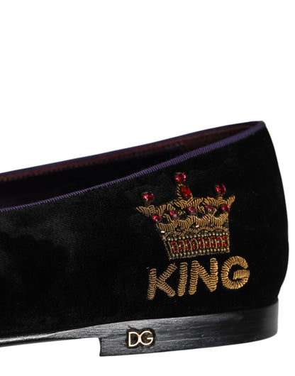 Dolce &amp; Gabbana Black DG Crown Embroidery Loafers Slip On Shoes