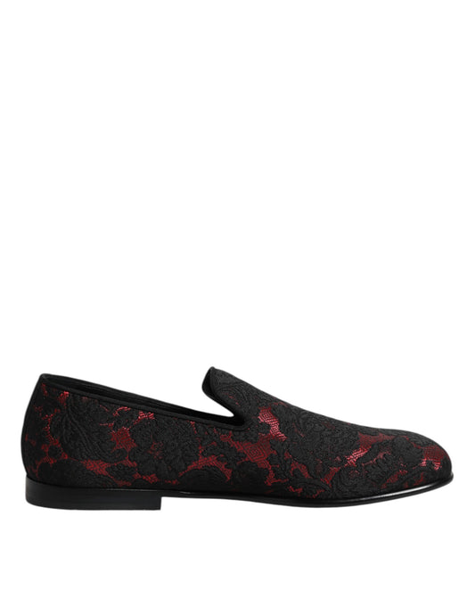 Dolce &amp; Gabbana Red Black Jacquard Slip On Men Loafers Shoes