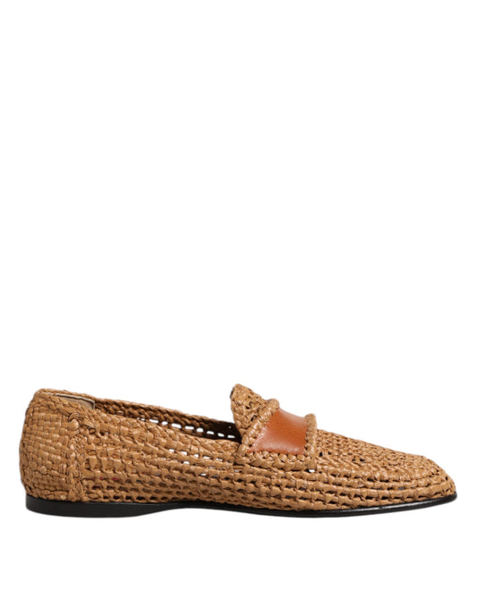 Dolce &amp; Gabbana Brown Woven Raffia Slip On Loafers Shoes