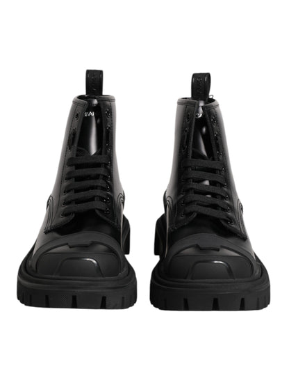 Dolce &amp; Gabbana – Schwarze, wadenhohe Schnürstiefel aus Leder