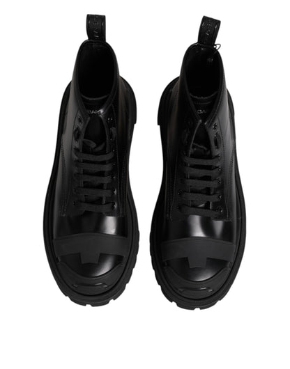 Dolce &amp; Gabbana – Schwarze, wadenhohe Schnürstiefel aus Leder