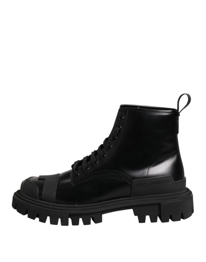 Dolce &amp; Gabbana – Schwarze, wadenhohe Schnürstiefel aus Leder