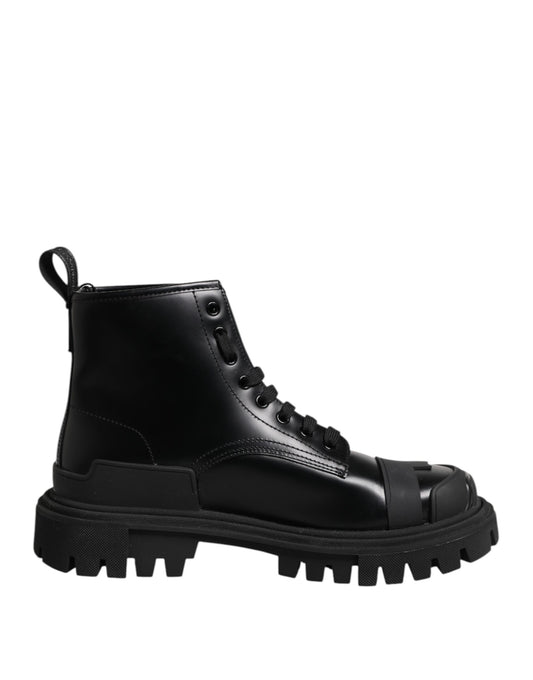 Dolce &amp; Gabbana – Schwarze, wadenhohe Schnürstiefel aus Leder