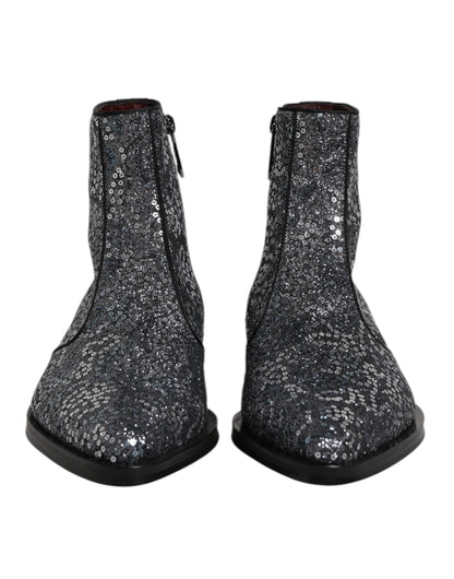 Dolce &amp; Gabbana Dunkelgraue Chelsea-Stiefel aus Baumwolle mit Pailletten