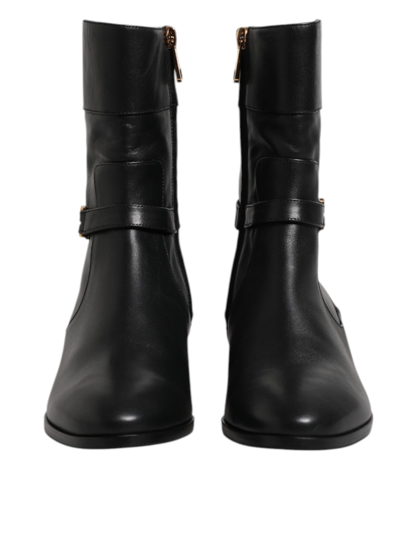 Dolce &amp; Gabbana Black Leather Flats Logo Short Boots Shoes