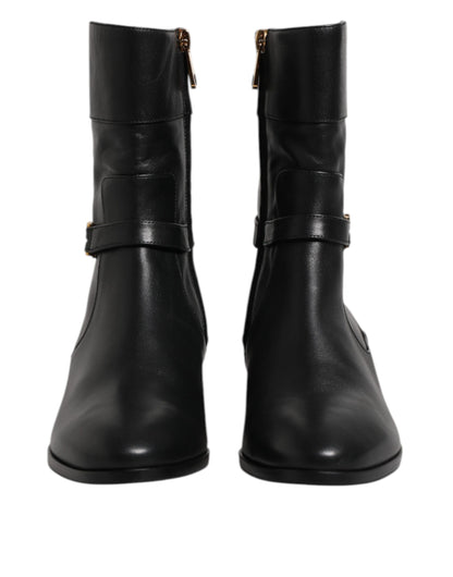 Dolce &amp; Gabbana Black Leather Flats Logo Short Boots Shoes