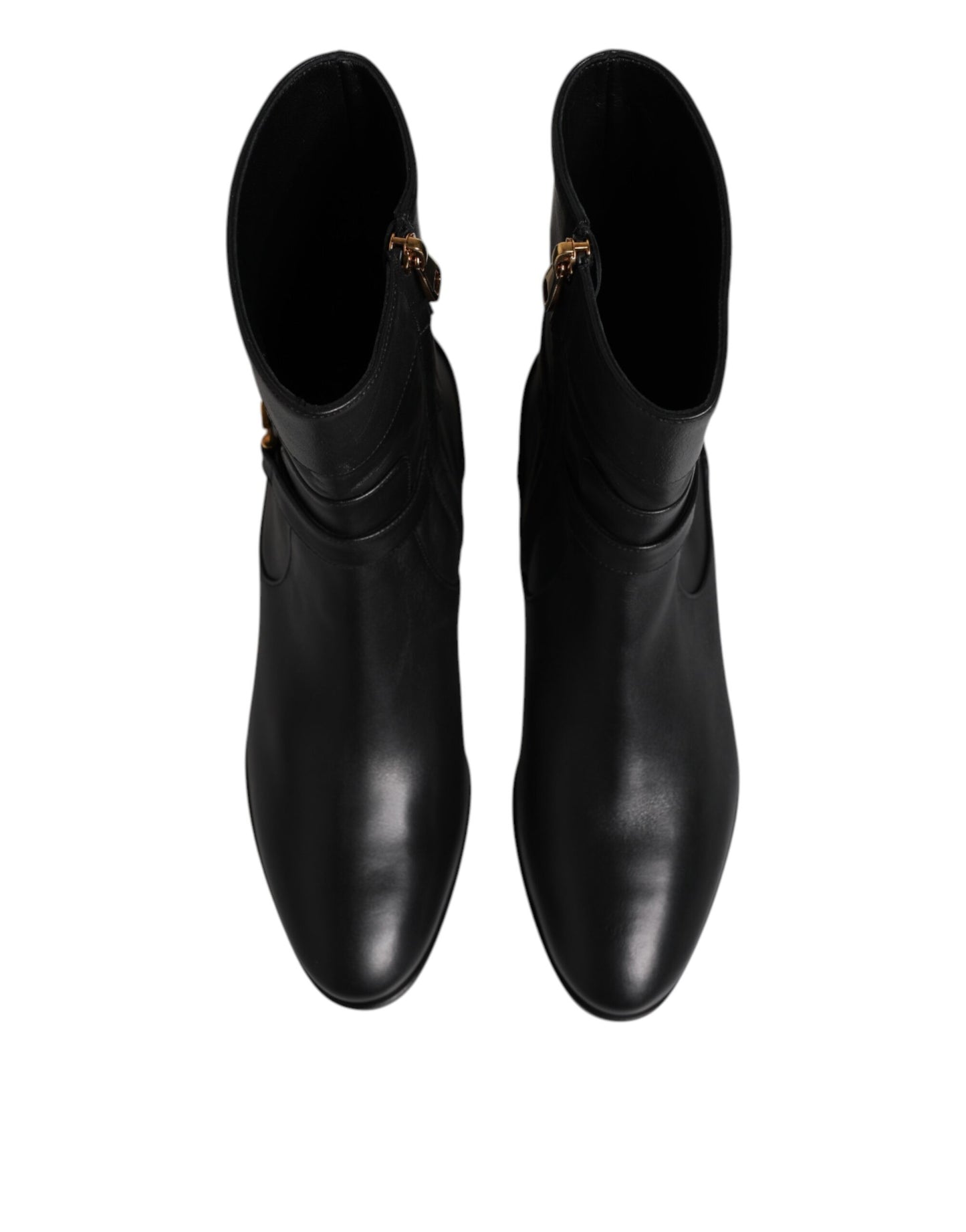 Dolce &amp; Gabbana Black Leather Flats Logo Short Boots Shoes
