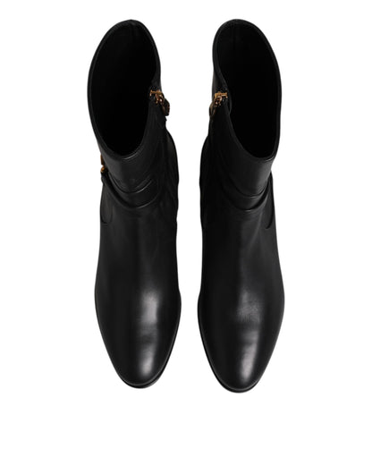Dolce &amp; Gabbana Black Leather Flats Logo Short Boots Shoes