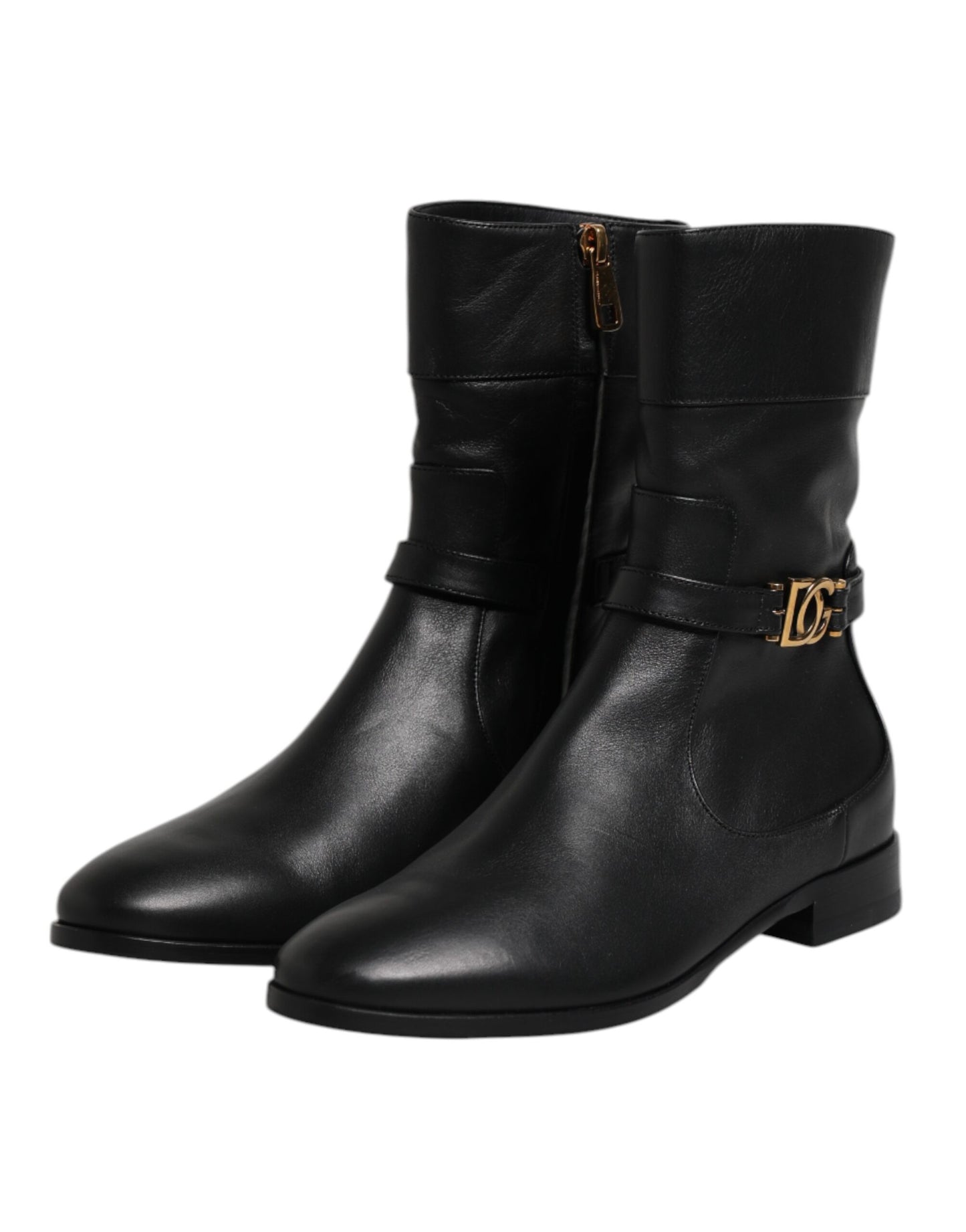Dolce &amp; Gabbana Black Leather Flats Logo Short Boots Shoes