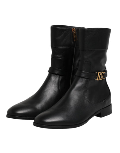Dolce &amp; Gabbana Black Leather Flats Logo Short Boots Shoes