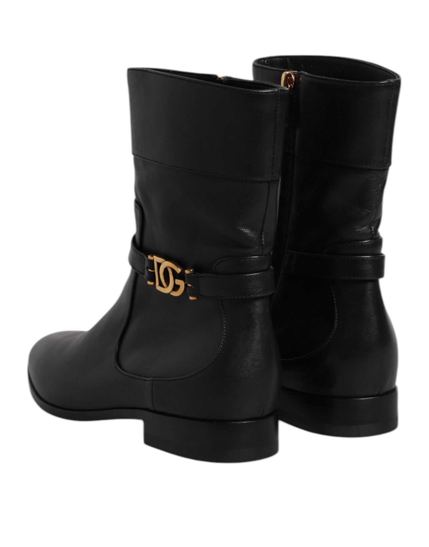 Dolce &amp; Gabbana Black Leather Flats Logo Short Boots Shoes