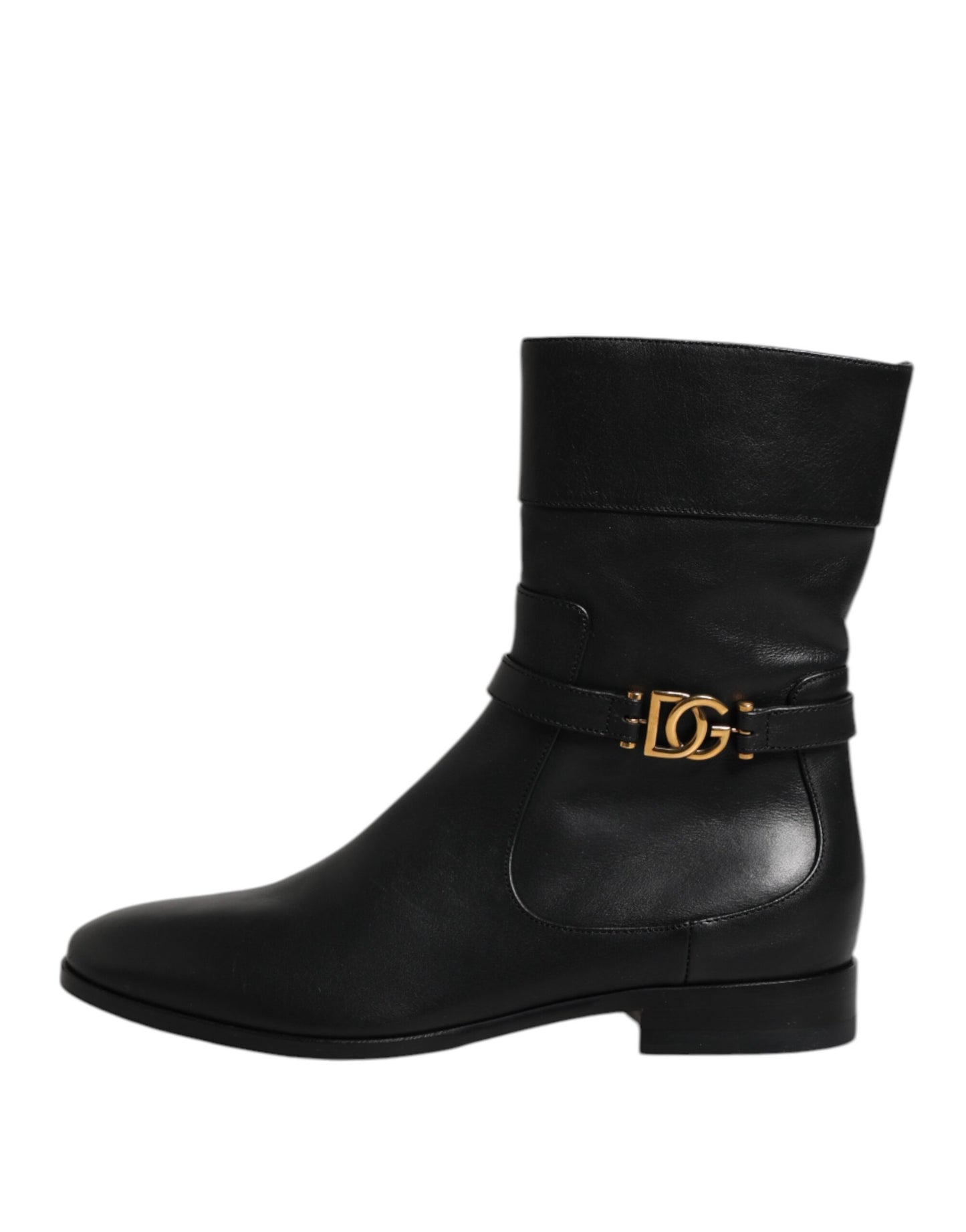 Dolce &amp; Gabbana Black Leather Flats Logo Short Boots Shoes