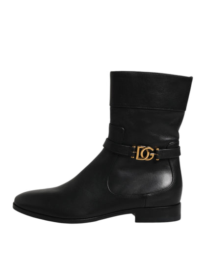 Dolce &amp; Gabbana Black Leather Flats Logo Short Boots Shoes