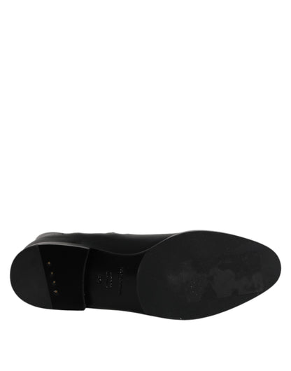 Dolce &amp; Gabbana Black Leather Flats Logo Short Boots Shoes