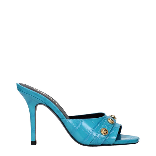 Versace Hellblaue Ledersandalen mit Stilettoabsatz