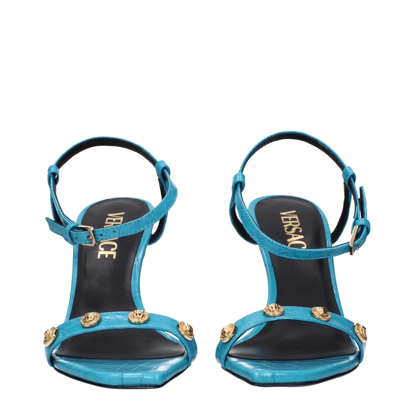 Versace – Blaue Sandalen aus Leder mit Stilettoabsatz