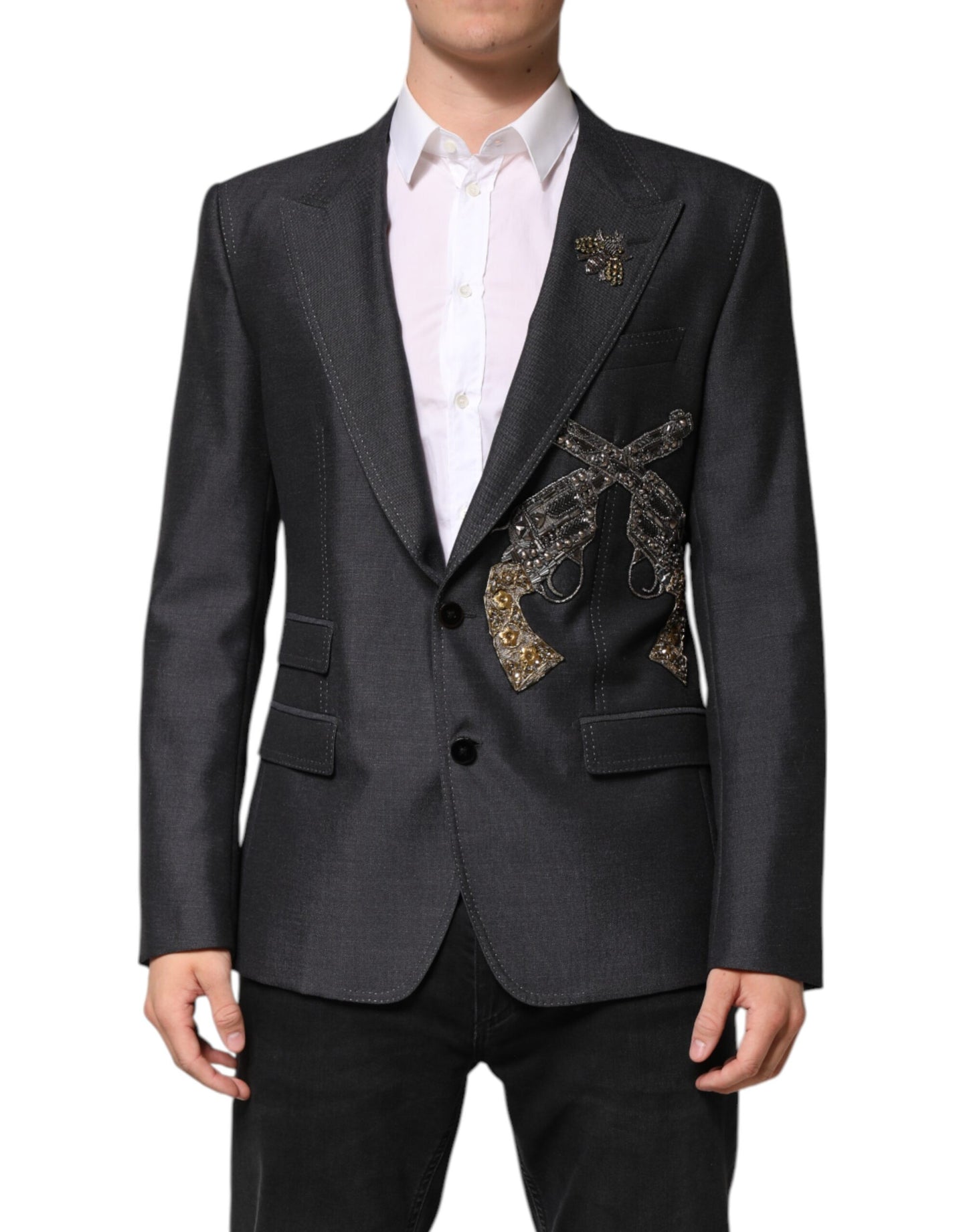 Dolce &amp; Gabbana Dunkelgrauer SICILIA-Mantelblazer mit Bienenstickerei