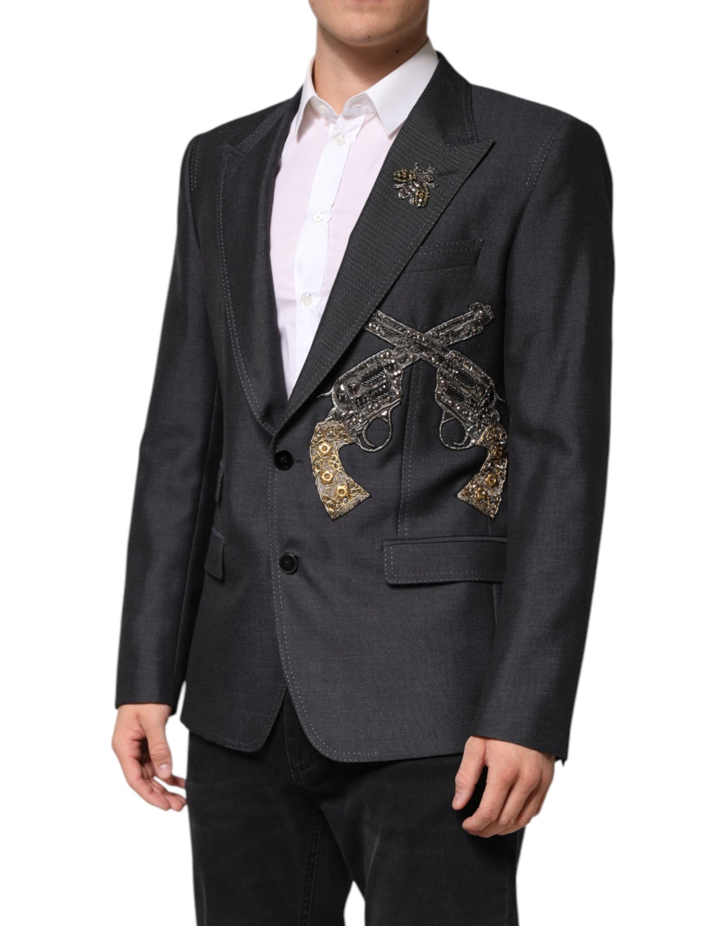 Dolce &amp; Gabbana Dunkelgrauer SICILIA-Mantelblazer mit Bienenstickerei