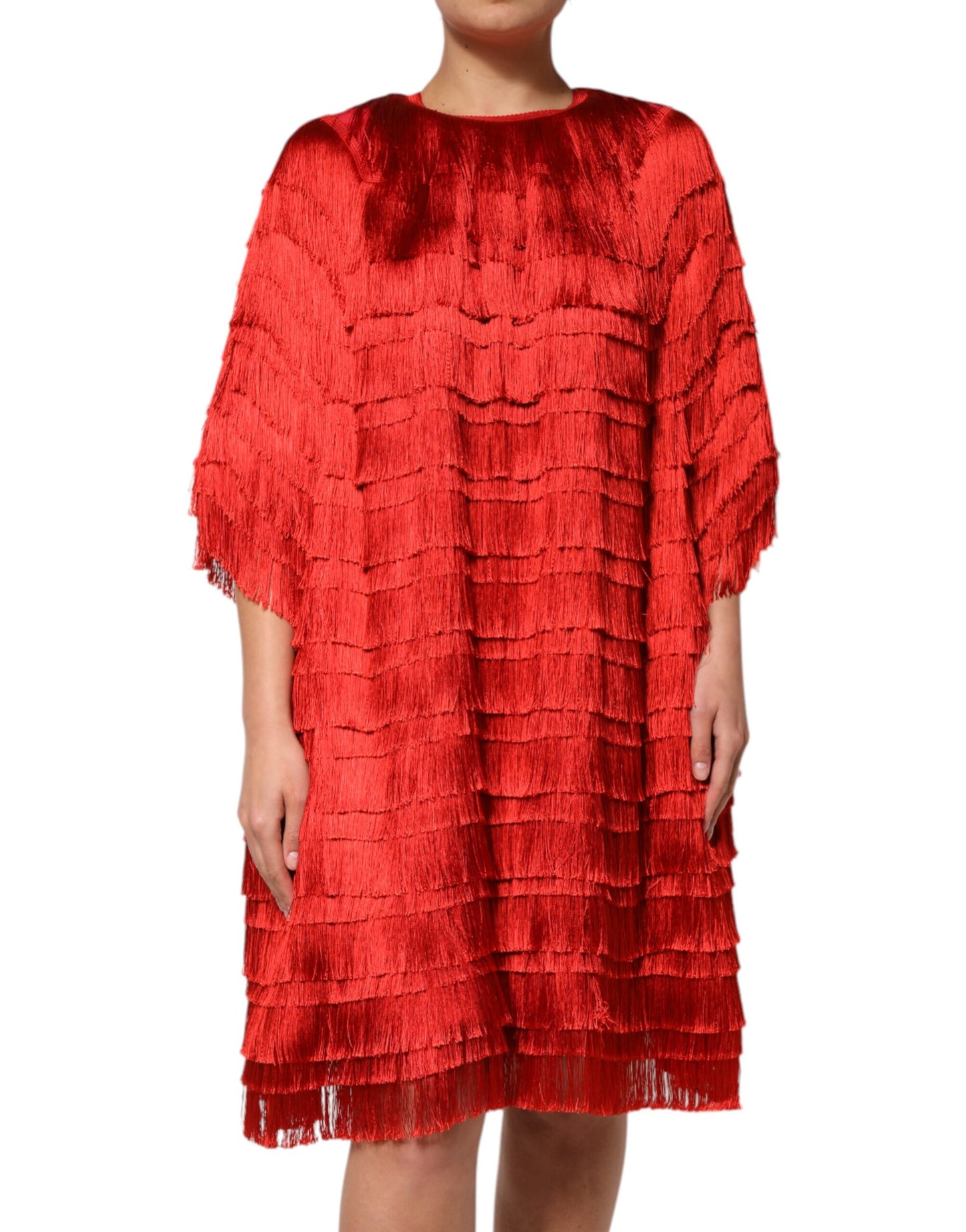 Dolce &amp; Gabbana Red Silk Tiers Fringe Shift Knee Length Dress