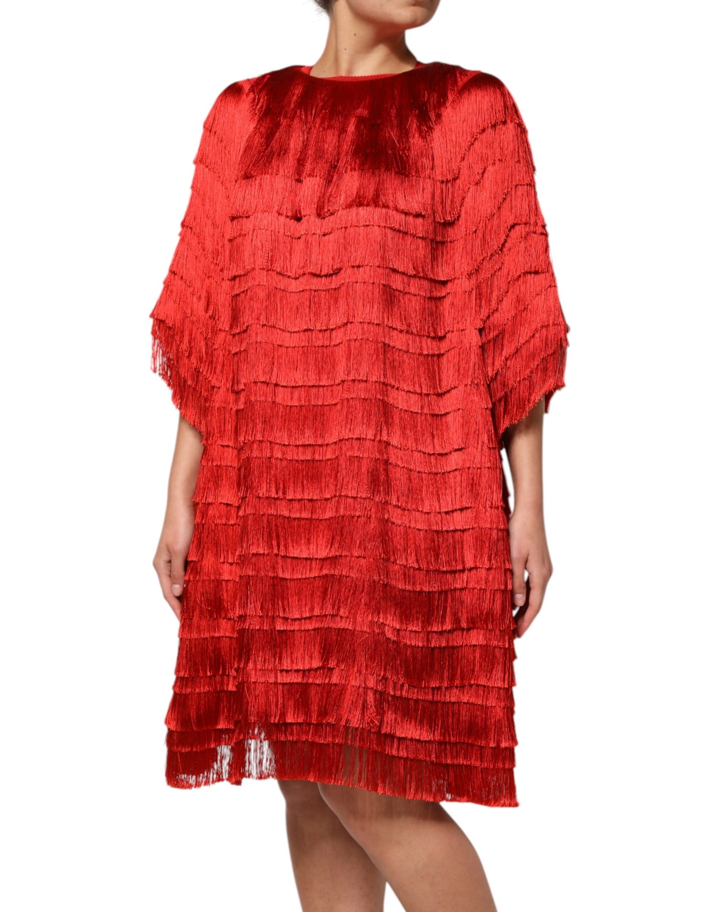 Dolce &amp; Gabbana Red Silk Tiers Fringe Shift Knee Length Dress