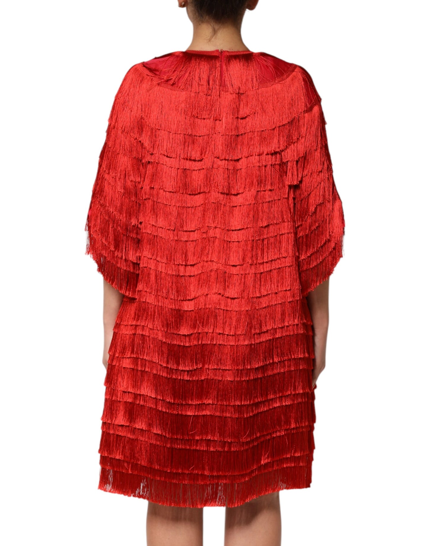 Dolce &amp; Gabbana Red Silk Tiers Fringe Shift Knee Length Dress