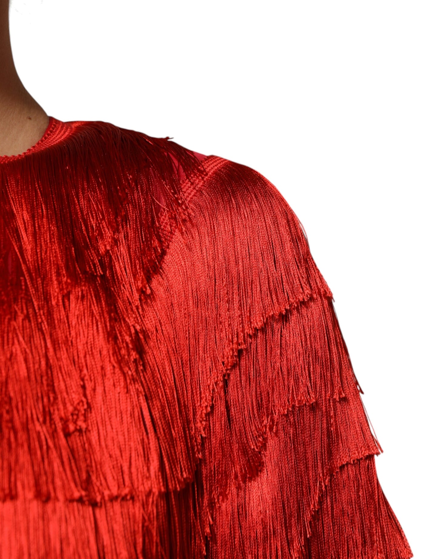 Dolce &amp; Gabbana Red Silk Tiers Fringe Shift Knee Length Dress