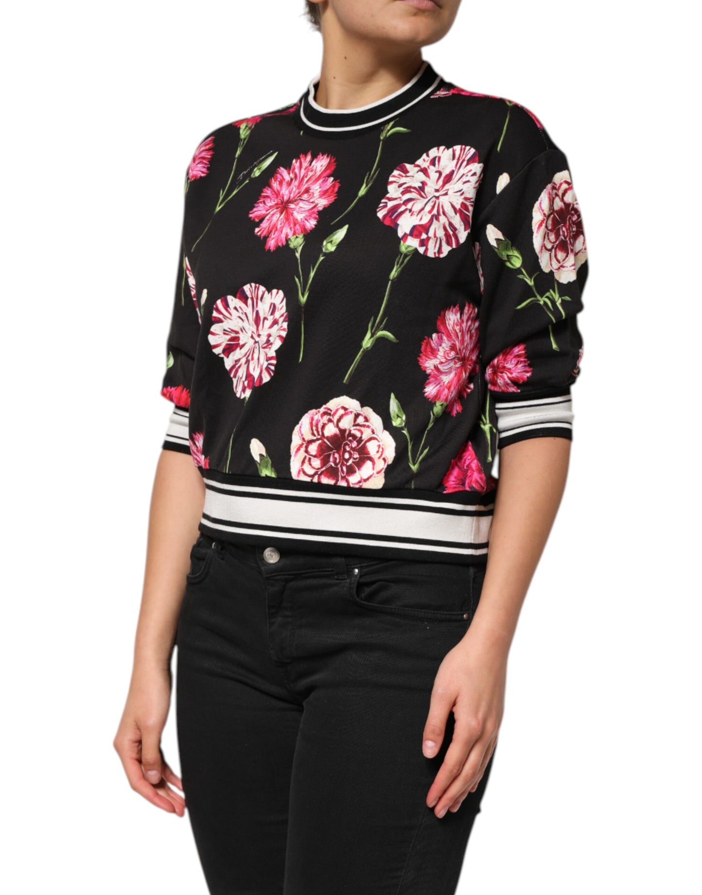 Dolce &amp; Gabbana – Schwarzes Baumwolloberteil mit kurzen Ärmeln und Blumenmuster