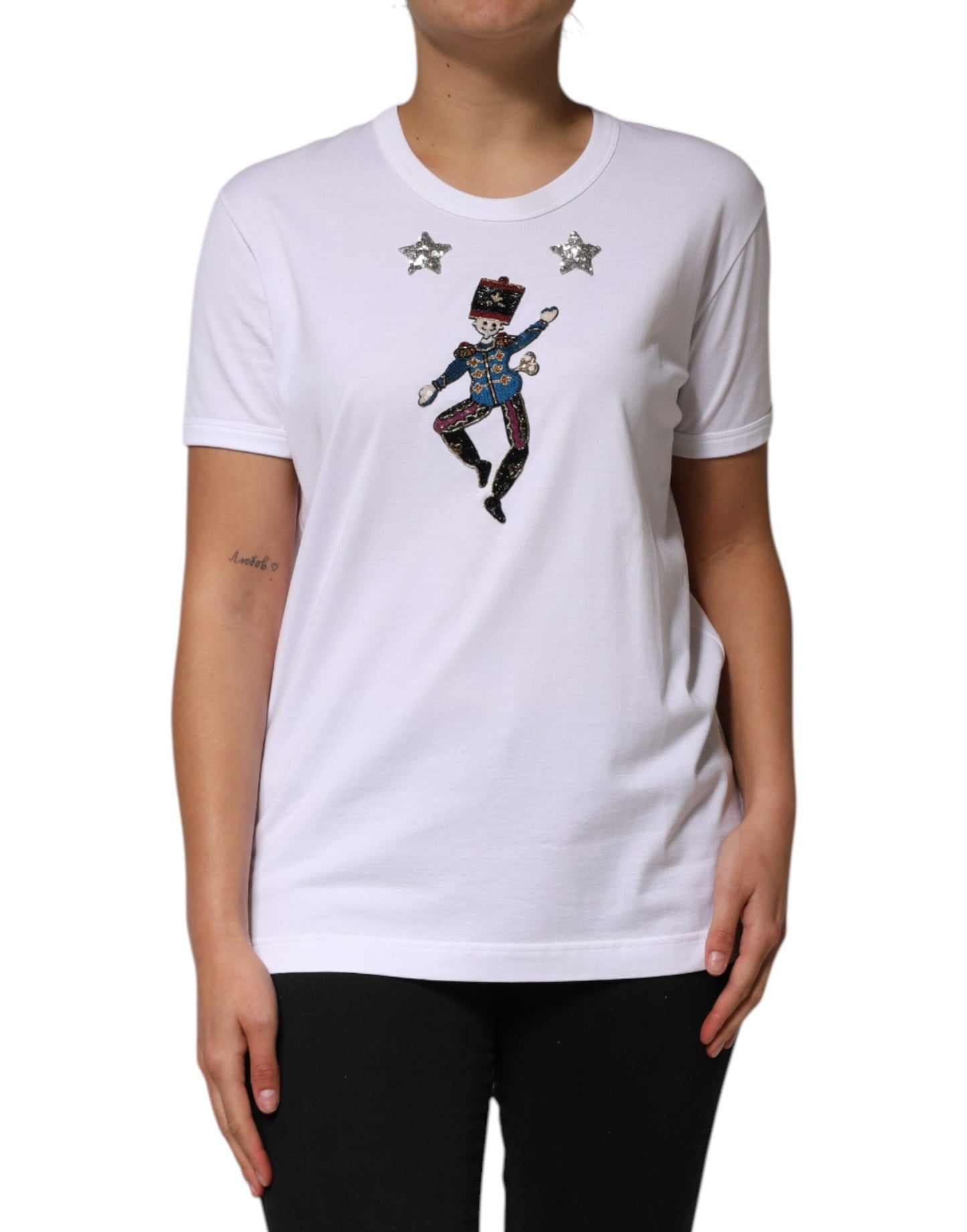 Dolce &amp; Gabbana – Weißes T-Shirt aus Baumwolle mit Paillettenverzierung