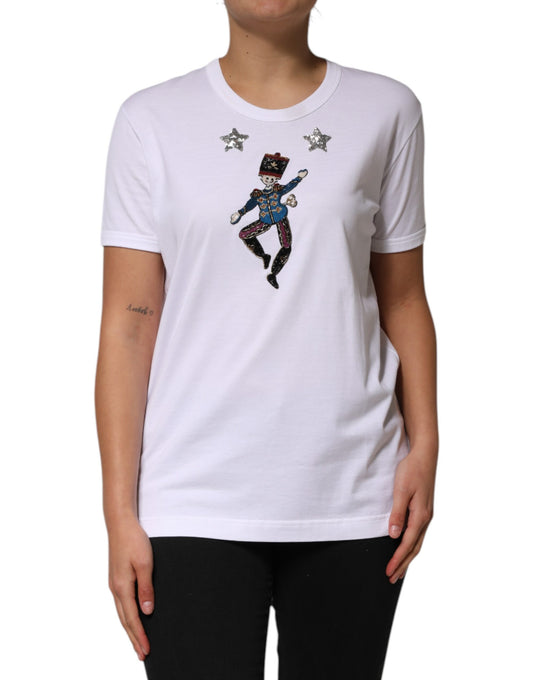 Dolce &amp; Gabbana – Weißes T-Shirt aus Baumwolle mit Paillettenverzierung