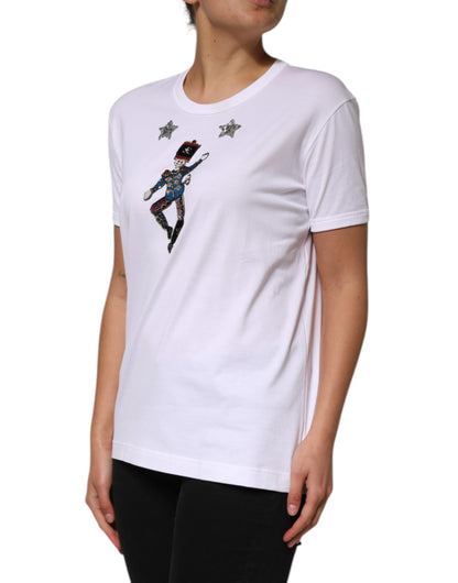 Dolce &amp; Gabbana – Weißes T-Shirt aus Baumwolle mit Paillettenverzierung