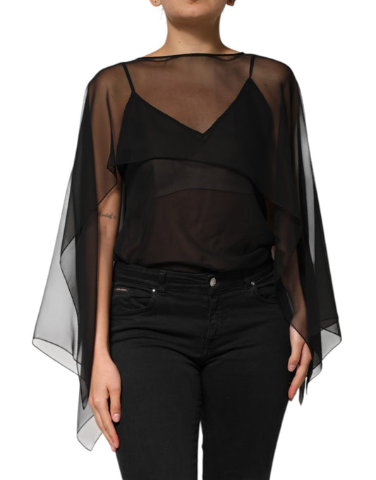 Dolce &amp; Gabbana – Schwarzes, durchsichtiges Blusentop aus Seidenchiffon und Spitze