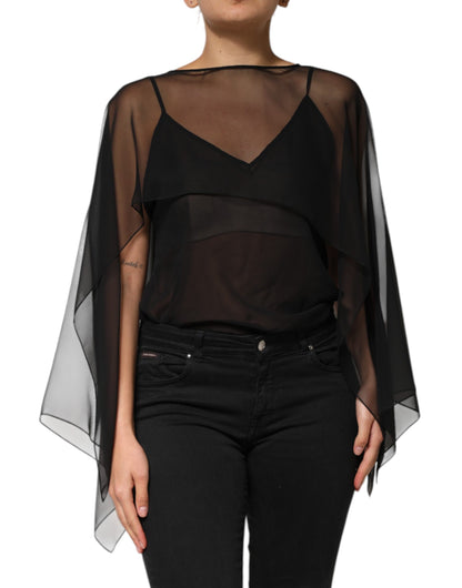 Dolce &amp; Gabbana – Schwarzes, durchsichtiges Blusentop aus Seidenchiffon und Spitze