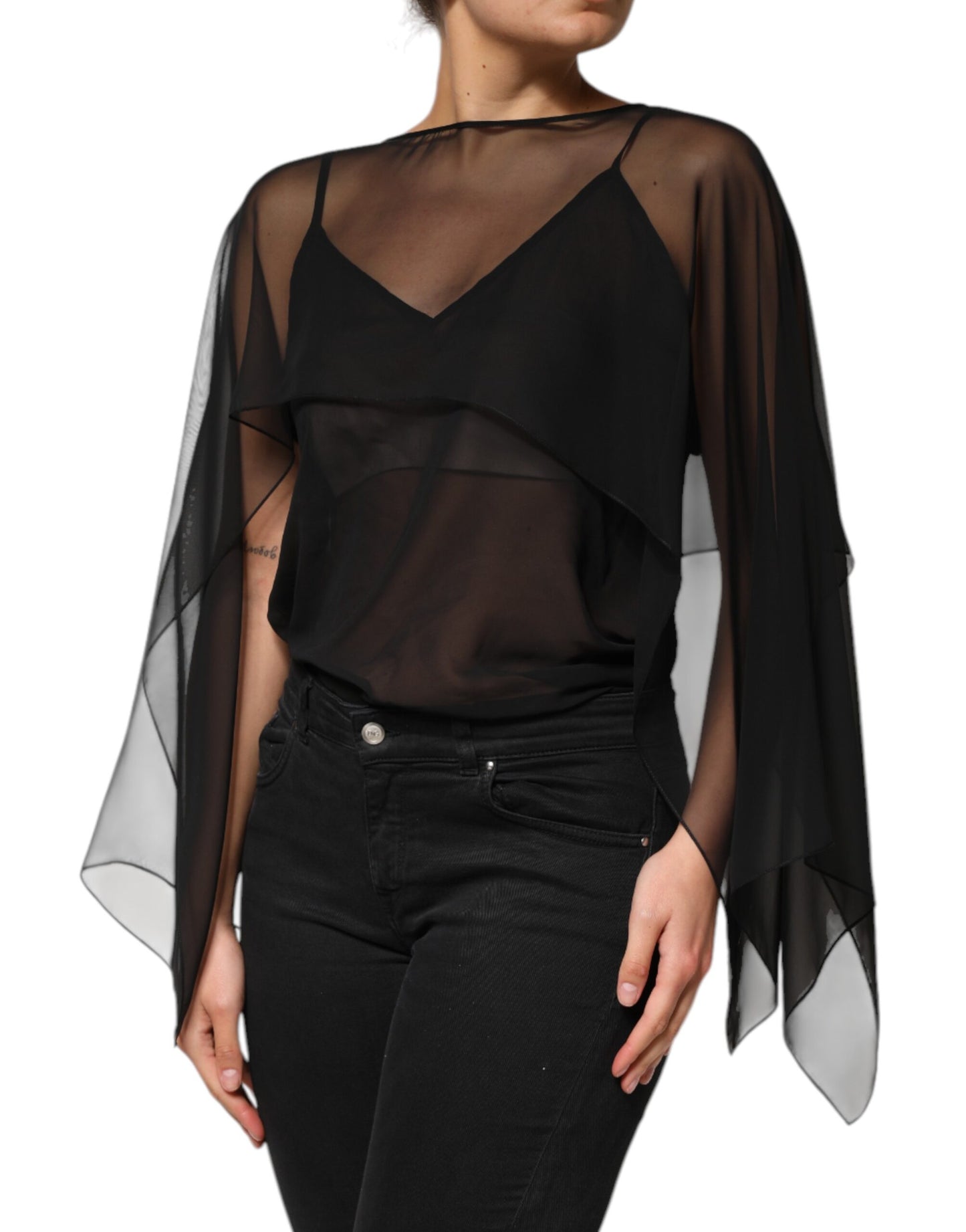 Dolce &amp; Gabbana – Schwarzes, durchsichtiges Blusentop aus Seidenchiffon und Spitze