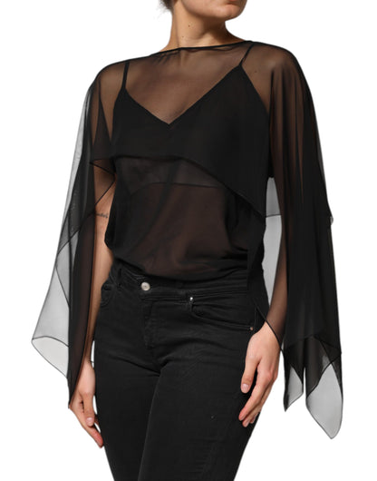 Dolce &amp; Gabbana – Schwarzes, durchsichtiges Blusentop aus Seidenchiffon und Spitze