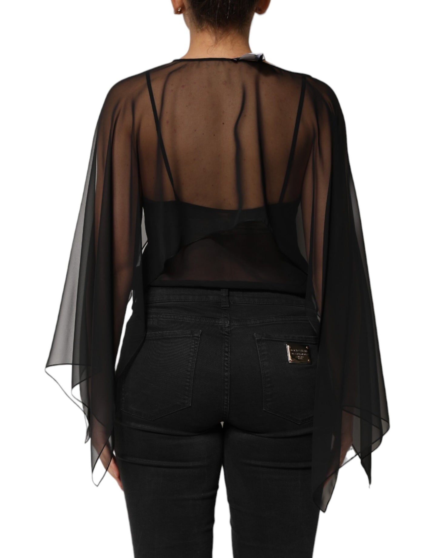 Dolce &amp; Gabbana – Schwarzes, durchsichtiges Blusentop aus Seidenchiffon und Spitze