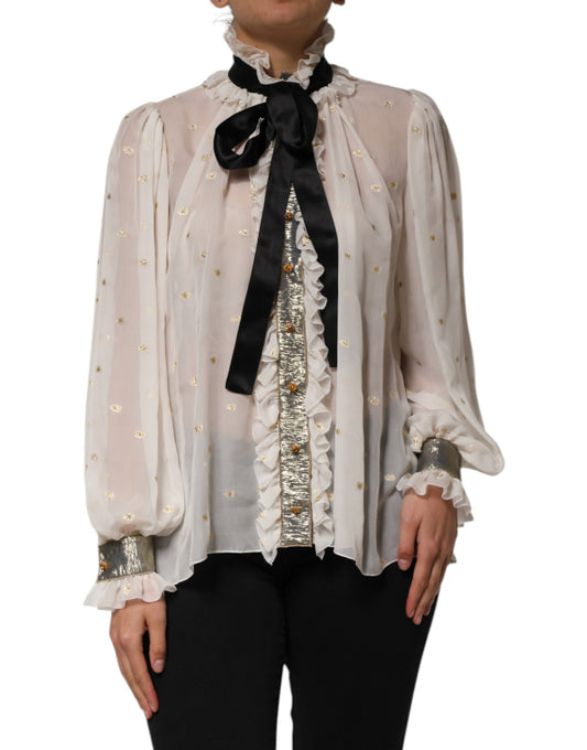 Dolce &amp; Gabbana – Langärmliges Top mit Ascot-Kragen aus Seide in Weiß und Schwarz