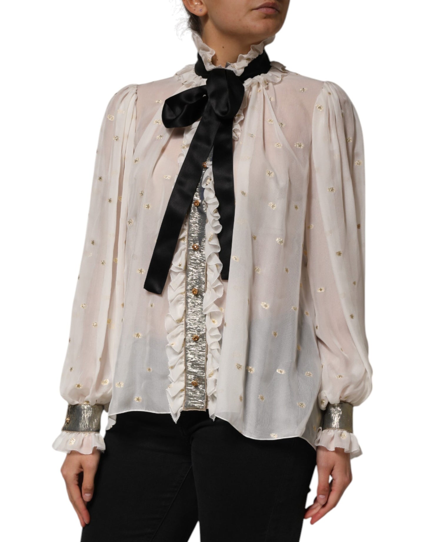 Dolce &amp; Gabbana – Langärmliges Top mit Ascot-Kragen aus Seide in Weiß und Schwarz
