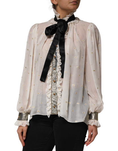Dolce &amp; Gabbana – Langärmliges Top mit Ascot-Kragen aus Seide in Weiß und Schwarz