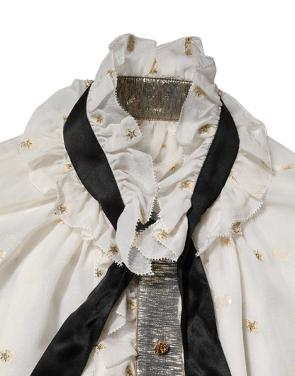 Dolce &amp; Gabbana – Langärmliges Top mit Ascot-Kragen aus Seide in Weiß und Schwarz